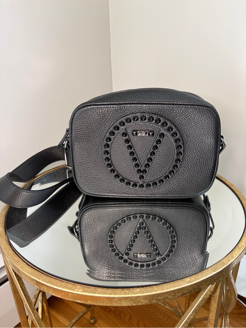 Valentino By Mario Valentino Mia Rock Dollaro Stud Black Leather Crossbody Bag